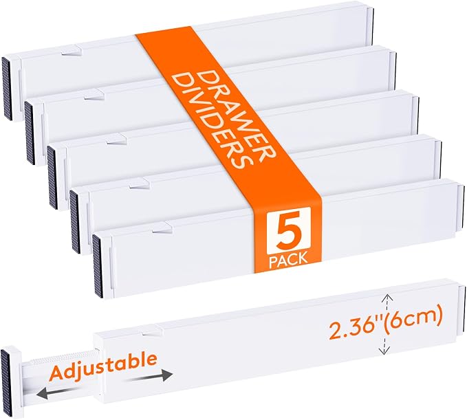 Lifewit 5 Pack 2.36" High Drawer Dividers 40-56cm/16-22 Adjustable Drawer Organizer for Clothes/Utensils, Expandable Drawer Separator in Dresser/Kitchen/Bedroom/Office Organization & Storage White