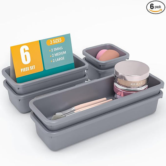 6 PCS Drawer Organizer Set, 3 Size Makeup Drawer Divider Organizer With Non-Slip Pads, Interlocking Plastic Storage Bins for Office,Jewelry Vanity,Gadgets, Bathroom,Kitchen, Grey
