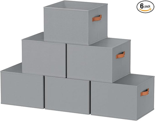 6 Pack Large Closet Storage Baskets Bins for Shelves, Collapsible Fabric Closet Organizers and Storage with Polyester Handles, Decorative Baskets for Organizing Clothes, Towels, Linen Closet 14"x10"