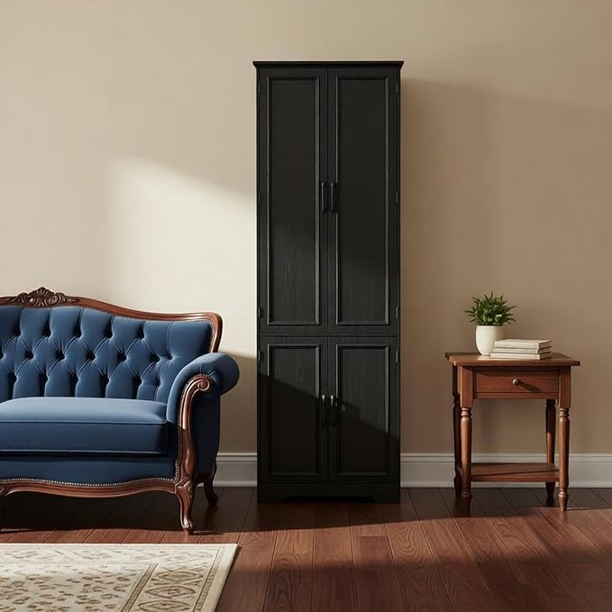 Function Home 72" Kitchen Pantry Cabinet, Tall Wood Farmhouse Storage Cabinet with Doors and Adjustable Shelves, 6 Tier Freestanding Cupboard for Kitchen Dining Room Living Room Bathroom, Black
