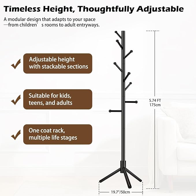 Wooden Coat Rack Freestanding, Adjustable Height Solid Wood Clothes Stand with 8 Ball-End Hooks, Stable Tripod Base, 5.7FT Floor Coat Tree for Entryway Bedroom Office, Black