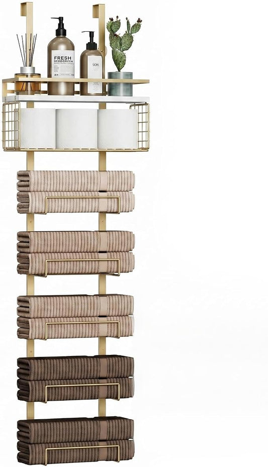 Aetyord Towel Racks for Bathroom Over The Door Towel Racks Towel Storage Organizer with Metal Shelf Basket for Bathroom Rv Camper (7-Tier Gold)