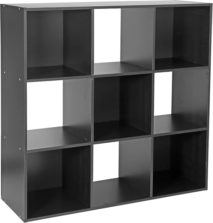 JupiterForce 9 Cube Storage Organizer Wooden Display Shelf W/ 5 Removable Back Panels, Customizable Bookcase Bookshelf for Home, Office, Bedroom and Living Room (Black)
