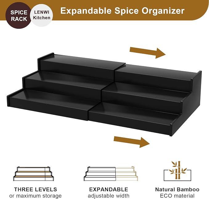 Lenwi Spice Rack Organizer for Cabinet, 3 Tier Expandable Bamboo Spice Storage for Kitchen Cupboard Pantry, Black