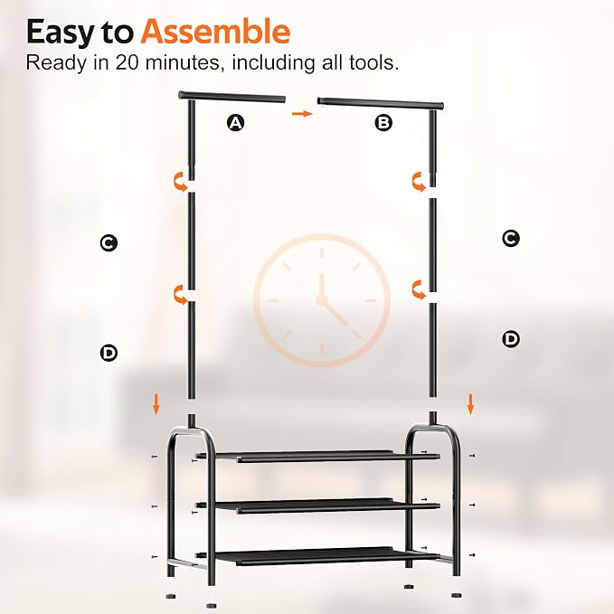 MISSLO Sturdy Clothing Racks for Hanging Clothes with 3 Shelves Garment Rack Heavy Duty Clothes Rack with Shoe Storage for Coats, Garment, Dress, Black