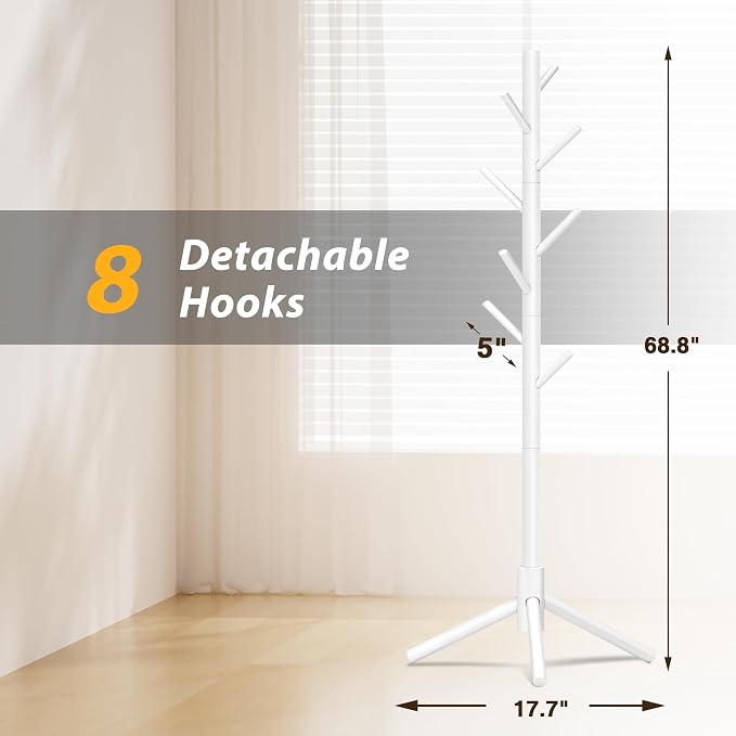 8-Hook Freestanding Coat Rack 3 Adjustable Heights White 2PCS | Easy Tool-Free Setup,Ideal for Entryway Bedroom Hallway Office,Holds Clothes Hats Handbags,Space-Saving Vertical Design