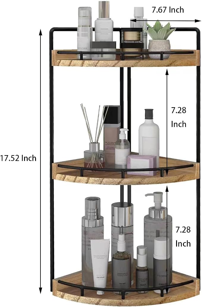 Dorhors Corner Bathroom Organizer Countertop,Vanity Counter Storage Shelf | 3 Tier Rustic Brown Stand Rack Holder for Kitchen,Dresser,Restroom,Wood Bathroom Sink Tray for Makeup,Perfume,Skincare,Lotion