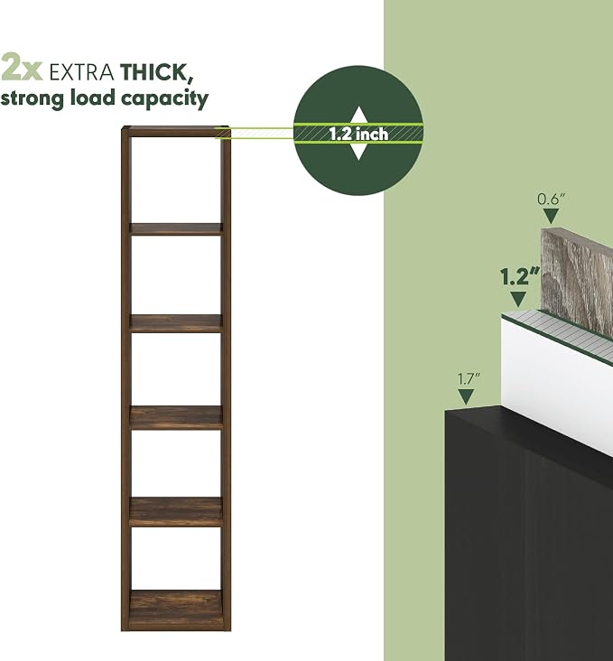Furinno Cubicle 5-Cube Book Shelf, Extra Thick Frame Bookshelf, Dark Oak | Horizontally & Vertically Reversible Bookcase with Open Back, 14.6" x 16" x 72", for Living Room, Bedroom, Home Office