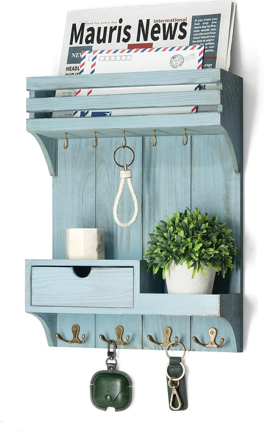 Rebee Vision Key Holder Wall Mount with Drawer & Shelf for Entryway, Blue | Sturdy Wood, Key Holder for Wall, 9 Sturdy Hooks, Floating Shelf, Plant Display, Drawer Organizer, Mail Sorter, Home Decor