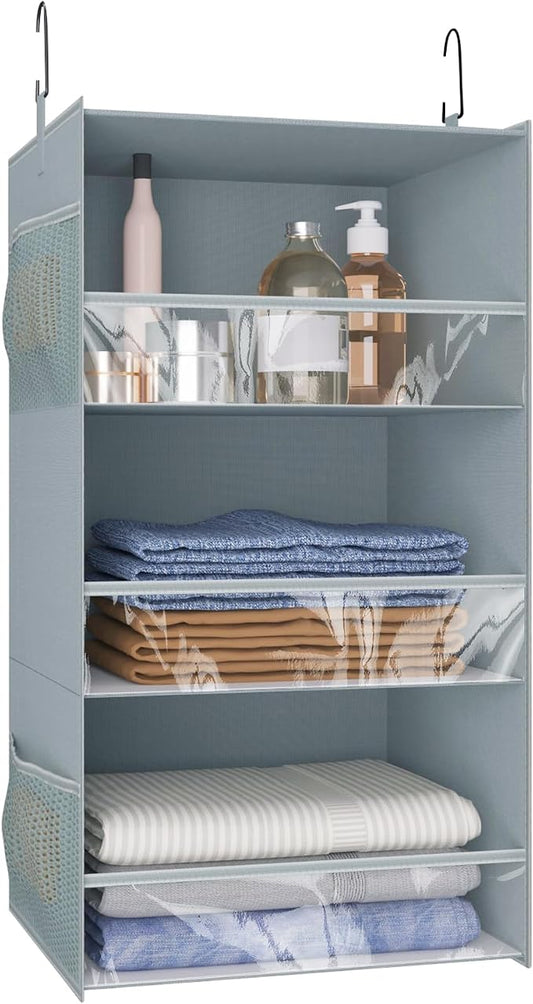 3 Shelf Hanging Closet Organizer Front Lip Design, Wider and Foldable Hanging Closet Wardrobe Storage Shelves with 4 Side Pockes, Clothes Handbag Shoes Accessories Storage, Gray