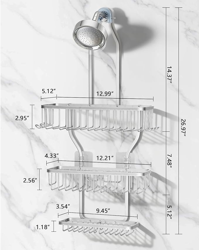 Shower Caddy Hanging - Never Rust Shower Hanging Organizer - Aluminum Over the ShowerHead Caddy with Soap Basket and 6 Hooks for Razor/Sponge (Shiny Silver)