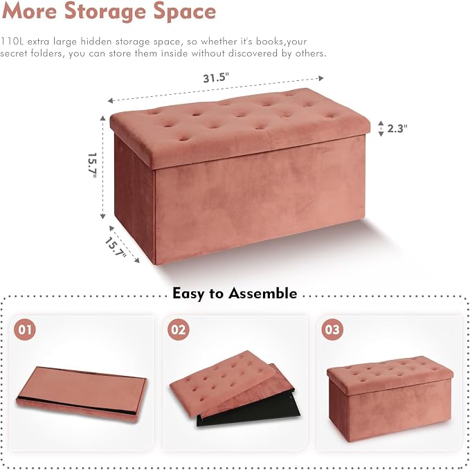 B FSOBEIIALEO Folding Storage Ottoman, Long Ottomans Shoes Bench, Velvet Storage Chest Footrest Seat 31.5"x15.7"x15.7" (Warm Red, Large)