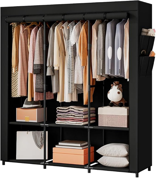 SORCEDAS Portable Closet Wardrobe with Hanging Rods Shelves Clothes Storage | 50 Inch Closet Organizers and Storage with Non-Fabric Cover,Freestanding Clothes Closet for Bedroom,dorm,Storage Rooms Black