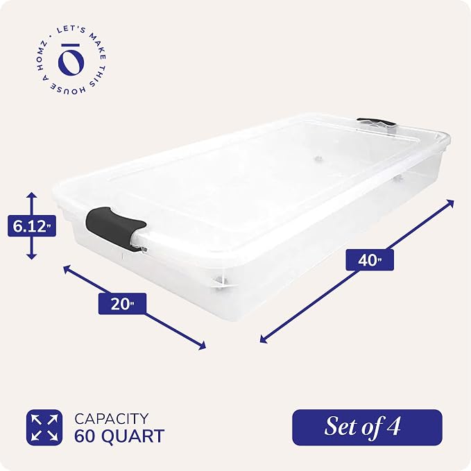 HOMZ 4-Pack Under Bed Storage, Clear Plastic Containers with Lids, 60 Quart, Gray Latch - Stackable Underbed Organizer Bins for Shoes, Bags, Clothes, and Towels