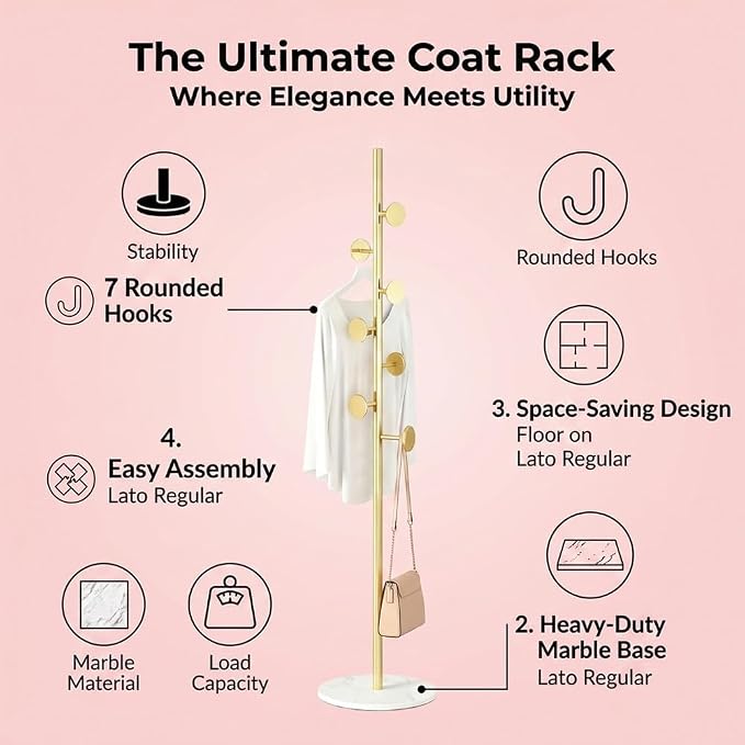 Coat Rack Freestanding Gold Coat Rack For Clothing Hats Bags Ties Purses | Sturdy Metal Clothes Rack with Marble Base & 7 Hooks, Heavy Duty Clothing Hanger Hall Tree Stand for Entryway Bedroom Hallway