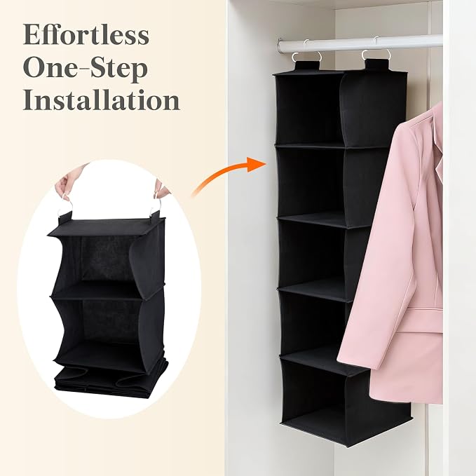 Lifewit 5 Tier Hanging Portable Closet Storage Organizer for Shelves, Black | Foldable Clothes Shelf with 2 Sturdy Hooks, Sweater/Coat/Shoes Clothing Organization for Wardrobe, Dorm, Bedroom