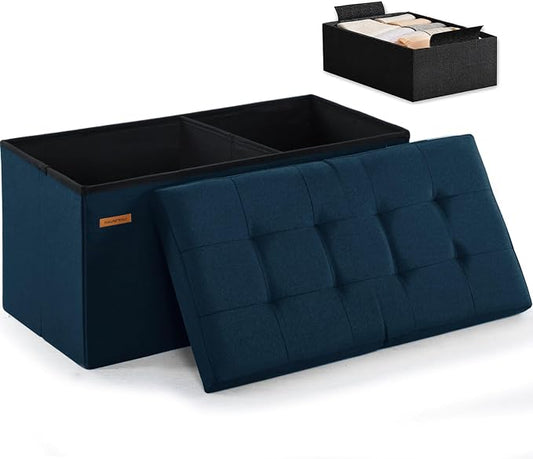HAUSFRAU Ottoman with Storage Bench Folding Foot Rest Stool Linen Navy | 31.5", Flip Lid, Small Upholstered Foldable Footrest Footstool, Bedroom Bench, Living Room Dorm Ottoman, Rectangle