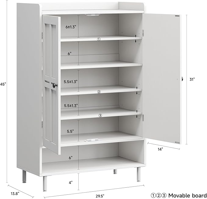 ONBRILL Shoe Storage Cabinet with Cross Molding Doors, 6-Tier Farmhouse Shoe Cabinet with 3 Adjustable Shelves and Metal Legs, 45'' Tall Shoes Rack Organizer Cabinet for Entryway, Front Door, White