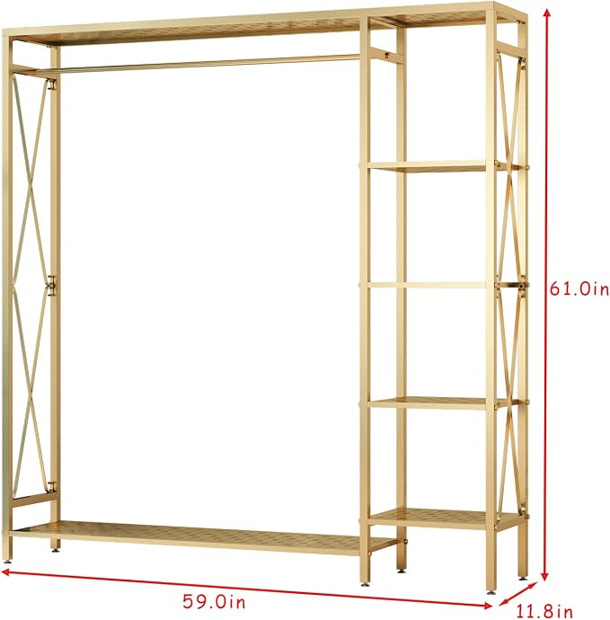 TIEOU Modern Gold Clothes Racks Free-Standing, Gold Clothing Rack with Shelves for Boutiques, Heavy Duty Garment Rack for Hanging Clothes, Large Wardrobe Closet(59''L)