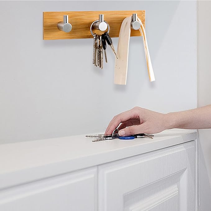 Bamboo Wood Key Holder for Wall - Key Hanger with Hooks - Decorative Wall Hooks for Hanging Heavy Duty Key Organizer for Kitchen, Bedroom, Bathroom - Ideal Coat Rack (3 Hooks, Sliver)