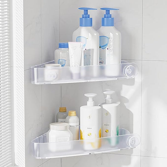Sotfamily Plastic Shower Caddy Corner (for 90° Only), 2 Pack, Frosted Clear | Adhesive Corner Shower Shelves for Bathroom Organizers and Storage, Bathroom Decor, No Drill, Rust Free