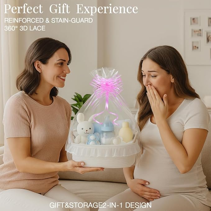 Yimi's Dream White Cotton Rope Gift Basket with Handle and Lace, 12 x 8 in | Woven Storage Basket with Handle for Baby Shower, Easter, Housewarming, First Communion, Wedding, Nursery, Towels, and Gifts