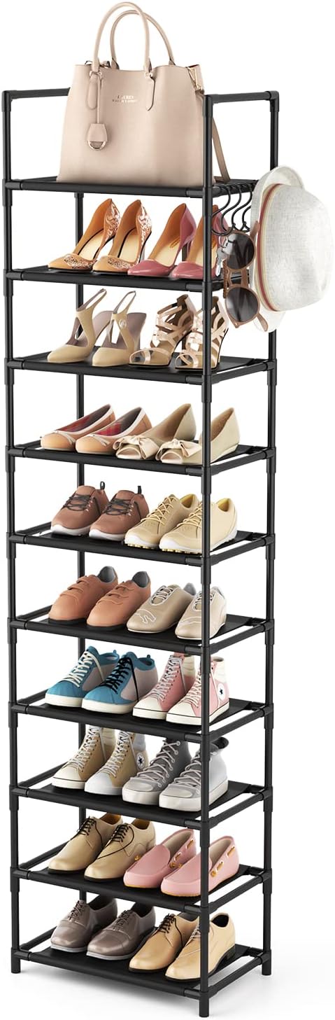 LANTEFUL 10 Tiers Tall Shoe Rack 20-25 Pairs Boots Organizer Storage Sturdy Narrow Shoe Shelf for Entryway, Closets with Hooks, Black