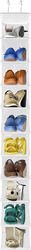 Libeder 10-Shelf Hanging Shoe Organizers with Side Pockets, Transparent | Hanging Closet Organizer with Side Pockets for Wardrode,Dorm, Folding Shoe Racks, Space Saving Hanging Shelves with Hooks