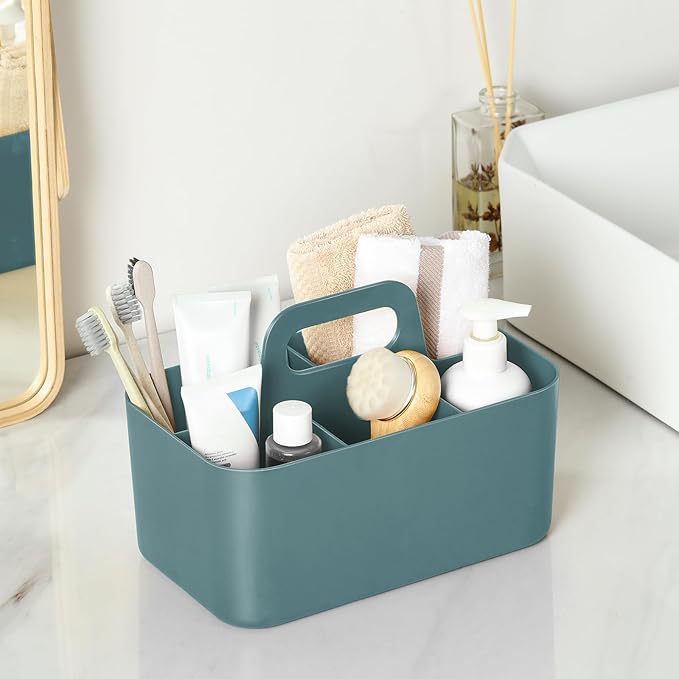 Multiuse Caddy Organizer with Handle, Portable Divided Plastic Tote Bin - Art Craft, Stationary Pen Marker Crayons, Makeup Hair Supplies Storage - Bathroom, Classroom, Dorm, Office, Desk Holder - Cyan