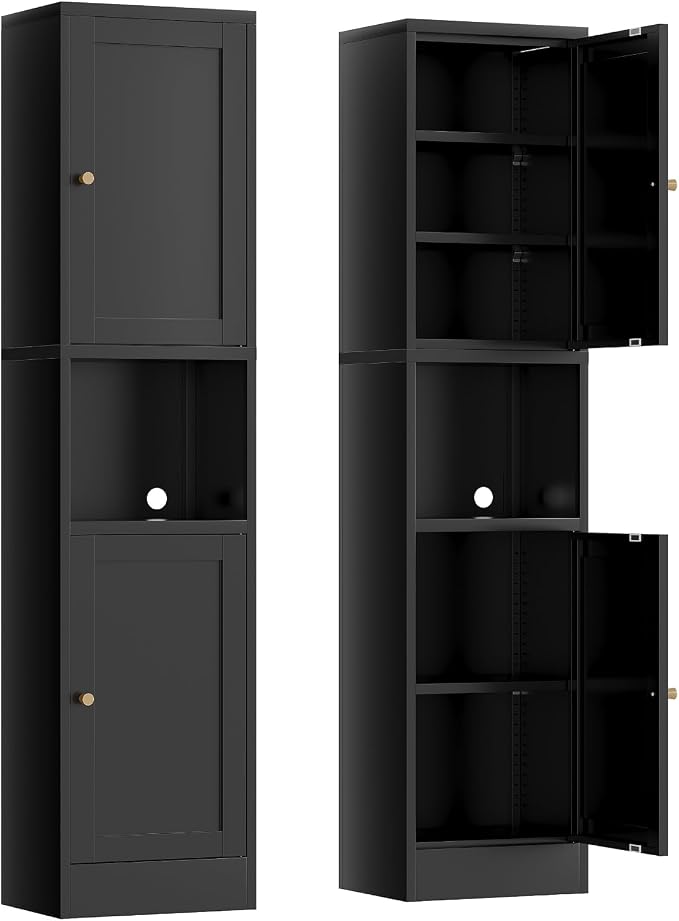 67" Tall Narrow Storage Cabinet with Doors and Open Shelf,Metal Pantry Cabinet,Shaker Style Slim Cabinet with Adjustable Shelves,for Bathroom Kitchen Laundry Small Spaces, Black, 1Pc