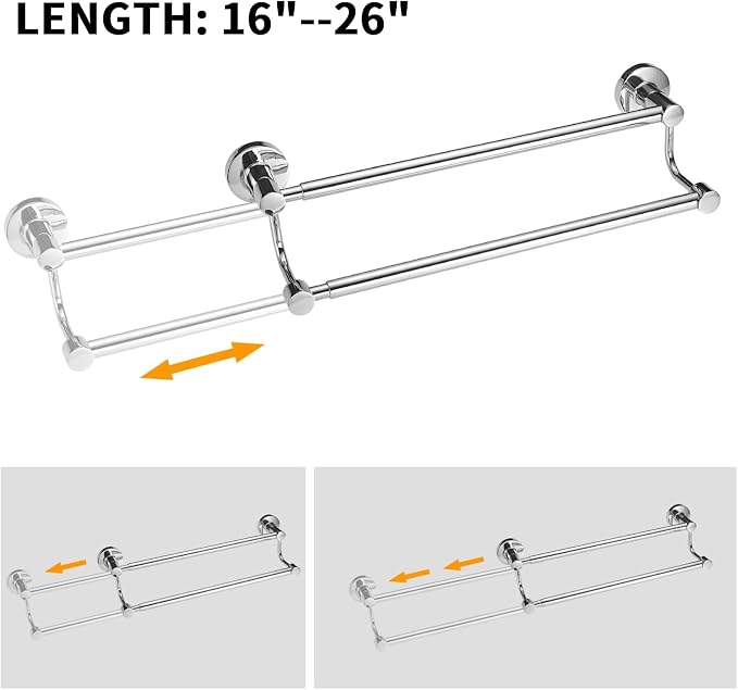 BESy Double Towel Bar Towel Rack for Bathroom Wall Mounted Polished Chrome | Adjustable 16-26 In,Wall Mounted Towel Holder, Stainless Steel, Rustproof, Towel Bar Rod Hanger Hardware Accessories Hotel