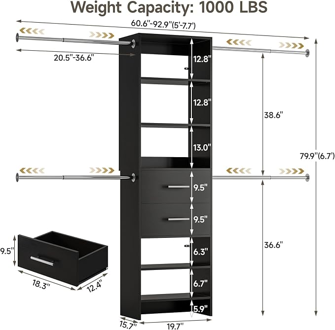W2 Closet System with 2 Drawers, 3.5FT-7.7FT Closet Organizer System with 4 Chrome-Plated Telescopic Rods & 5 Adjustable Shelves, Custom Wood Walk-In Closet Clothing Rack, Black