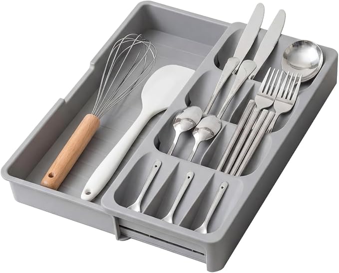 Expandable Silverware Organizer Tray, Adjustable Utensil Holder | Expandable drawer tray with divided compartments for cutlery, utensils, kitchen gadgets, office supplies and craft tools