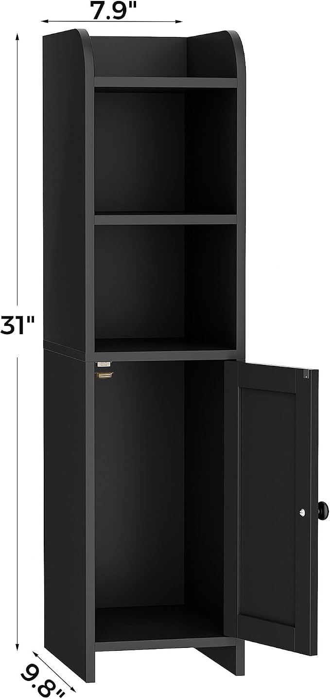 Homhedy Small Bathroom Storage Cabinet, Narrow Toilet Paper Cabinet | Corner Floor Cabinet with Door and Shelves, Slim Bathroom Cabinet for Small Spaces, 9.8" D x 7.9" W x 31" H, Black