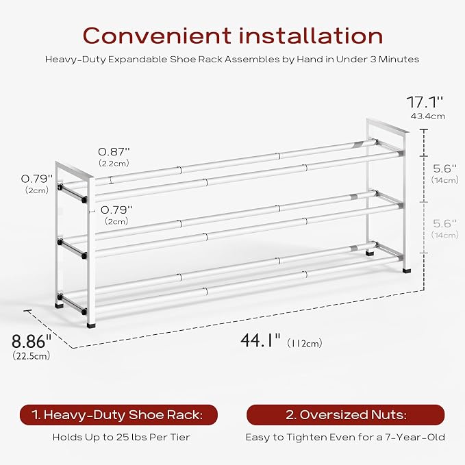 Bumusty 3 Tier Long Expandable Shoe Rack for Closet, White | 18"-44" Adjustable Shoe Rack for Entryway, Shoe Organizer for Dorm, Front Door, Sturdy Metal