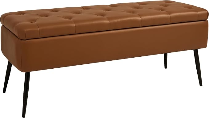 kinmars Leather Storage Ottoman Bench, End of Bed Bench with Steel Legs | Brown Leather Button Tufted Design | 660 lb Capacity | Safety Hinges | Mid-Century Modern Style | Bedroom & Entryway