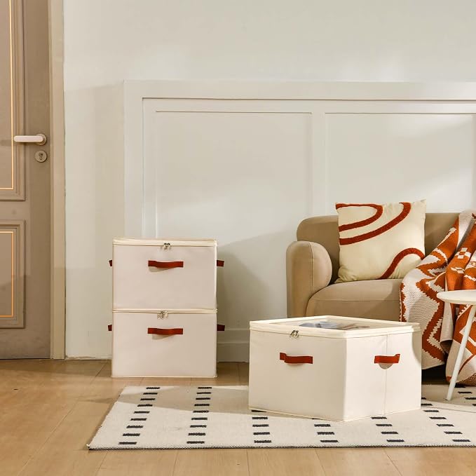 INSTY Shoe Organizer for Closet, 2 Pack Foldable Shoe Storage Containers, Fits up to 16-32 Pairs, Adjustable Dividers for Shoe Organizer, Fabric Shoe Storage Bins with Clear Cover, Beige