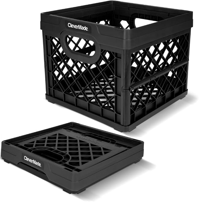 CleverMade Collapsible Milk Crate, 25L, 50 lb, Obsidian | Built-in rails hold letter-size hanging files. Interlocking crates stack open or folded and carry up to 50 lb each.