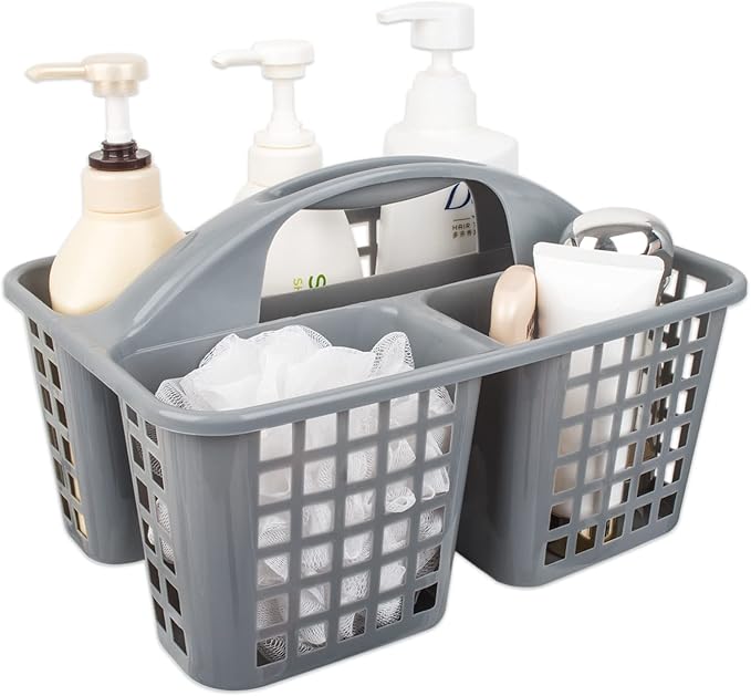 Portable Shower Caddy Basket Plastic Storage Basket with Compartments Grey | Sturdy Large Capacity Cleaning Supplies Organizer Divided Tool Bin for Bathroom Kitchen Bedroom College Dorm Essentials