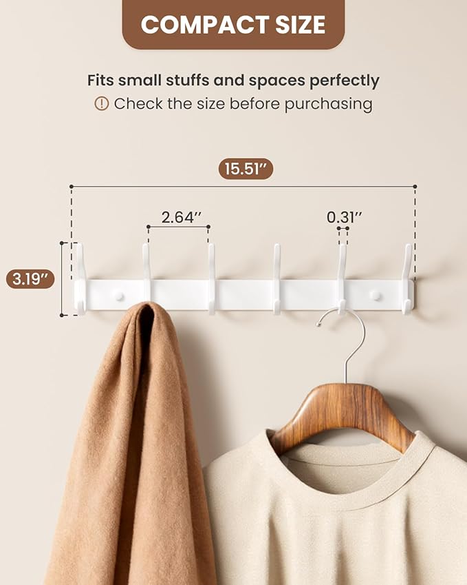 Wall Mounted Coat Rack (White, 2 Pack) - Aluminum 6-Hook Rack with Curved Hooks, Drill Installation, Holds Coats, Towels, and Bags, Ideal for Entryway or Office