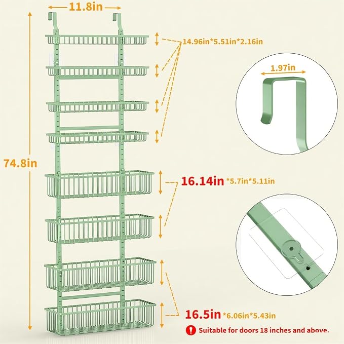Moforoco Sage Green Over The Door Pantry Organizer, Pantry Door Organizer Shelves, Kitchen Organizers and Storage, Hanging Basket Wall Spice Rack Seasoning Shelves