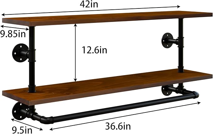 Clothes Rack 42in, Wall Mounted Garment Rack with Real Walnut Wood Shelf, Heavy Duty Hanging Clothes Rack, Multi-Purpose Hanging Rod, Space-Saving Closet Storage