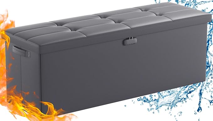 ENGPOW Storage Ottoman, Fireproof Folding Bench with Lock(15”x 43”x15”), Water-Resistant ＆ Heat Insulation Large Storage Chest with Handles＆2 Extra Spaces Safe for Living Room, Bedroom, Home, Grey