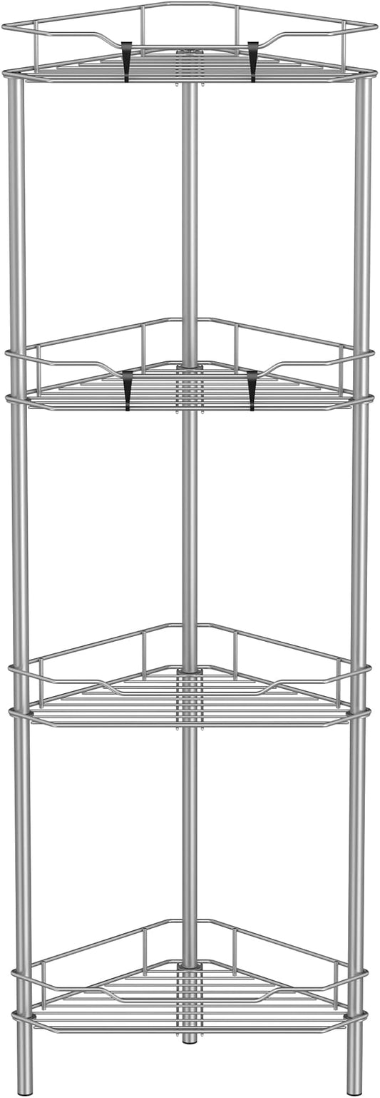 HuggieGems 4 Tier Floor Standing Corner Shower Caddy Organizer Shelf with Hooks, Bathroom Shelves Stand Rack, Gray