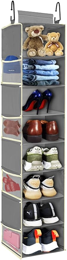 Large-Sized Hanging Shoe Organizer 8-Shelf, Hanging Closet Organizer with 8 Side Pockets, Wider Hanging Shelves for Storage Shoes Clothes 9" W × 11.8" D× 48" H, Grey