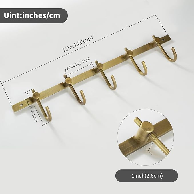 WINCASE Antique Brass Towel Hook, Brushed Brass Wall Hook Rail, 5 Hooks Antique Coat Hook Rail Hanger Bathroom Robe Hooks Rack Wall Mounted