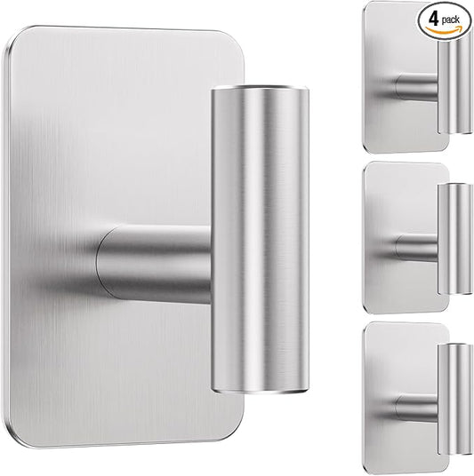 Heavy Duty Adhesive Hooks - 26lb Max, Sticky Wall Hooks Waterproof Stainless Steel for Hanging Towel, Coat, Robe, Towel Hooks Stick on Bathroom, Kitchen, Shower, Door (Silver, 4 Pack)