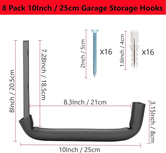 8 Pack Garage Storage Hooks,10 Inch Heavy Duty Ladder Storage Hanger, Wall Mounted Utility Rack