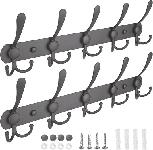 TICONN Wall Mounted Coat Rack, Five Heavy Duty Tri Hooks All Metal Construction for Jacket Coat Hat in Mudroom Entryway (Space Gray, 2-Pack)