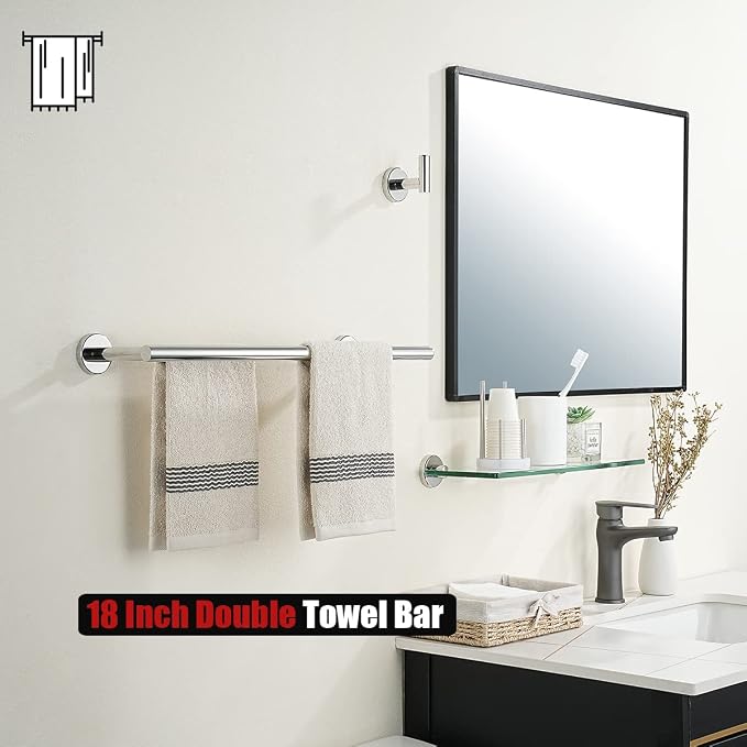JQK Chrome Double Towel Bar, 19 Inch 304 Stainless Steel Thicken 0.8mm Towel Rack Bathroom, Towel Holder Polished Steel Wall Mount, Useable Length 16 Inch, TB100L16-CH